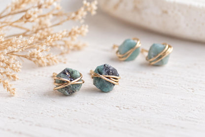 Small Raw Emerald Stud Earrings, May Birthstone Jewelry, Dainty Gemstone Studs, Green Stone Earrings, Gold Filled Boho Earrings