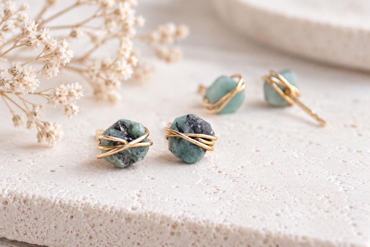 Small Raw Emerald Stud Earrings, May Birthstone Jewelry, Dainty Gemstone Studs, Green Stone Earrings, Gold Filled Boho Earrings
