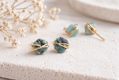 Small Raw Emerald Stud Earrings, May Birthstone Jewelry, Dainty Gemstone Studs, Green Stone Earrings, Gold Filled Boho Earrings