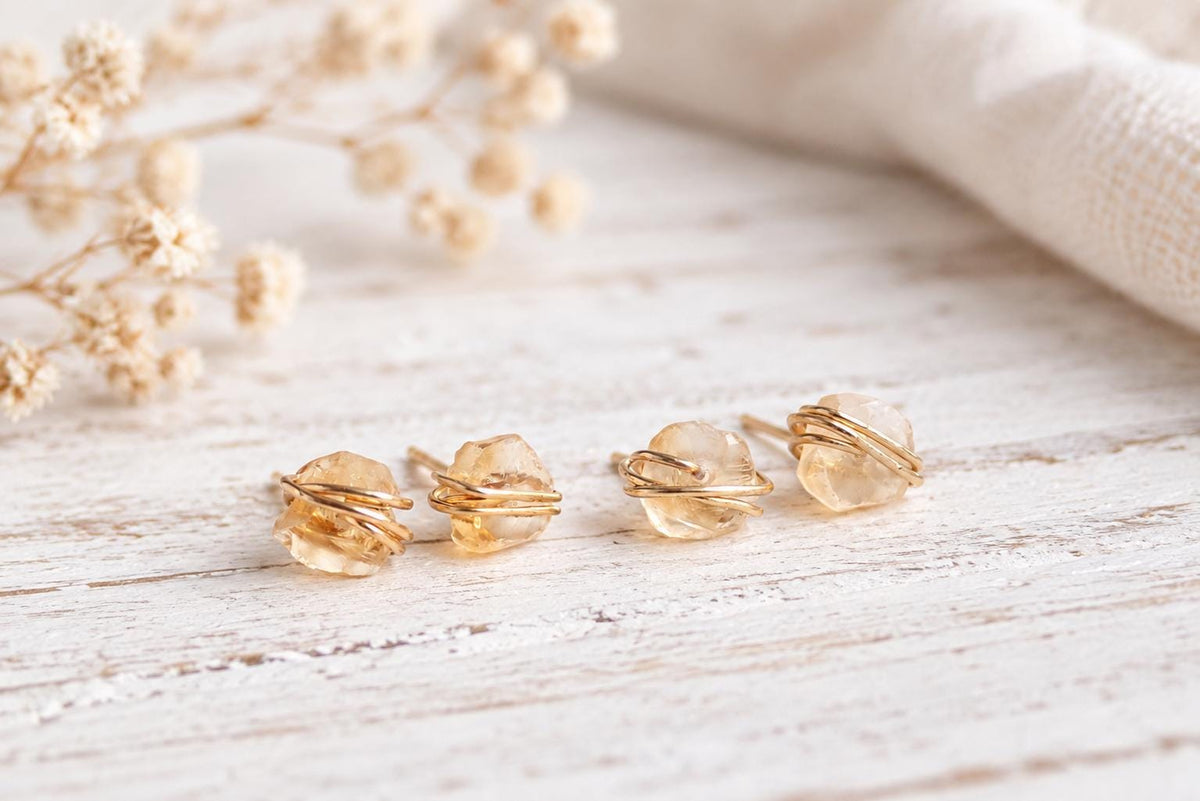 Tiny Citrine Stud Earrings, Dainty Raw Gemstone Crystal Earrings, November Birthstone Jewelry