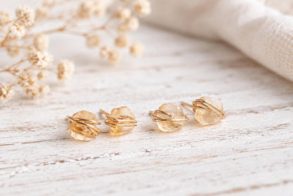 Tiny Citrine Stud Earrings, Dainty Raw Gemstone Crystal Earrings, November Birthstone Jewelry