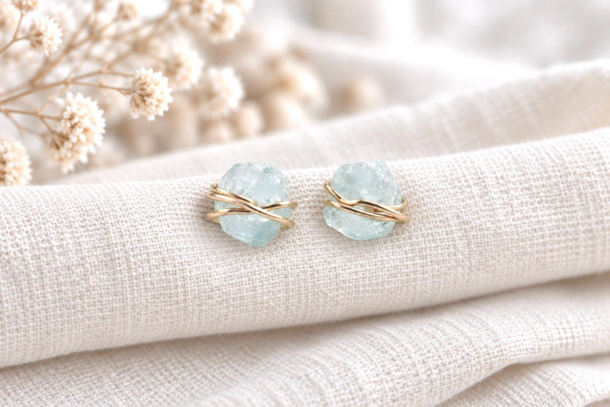 Tiny Raw Aquamarine Stud Earrings, Gold Filled Wire Wrapped Gemstone Posts, March Birthstone Jewelry, Dainty Natural Crystal Studs