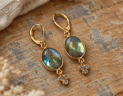 Labradorite Earrings Gold, Blue Flash Labradorite Dangle, Gemstone Drop Earrings