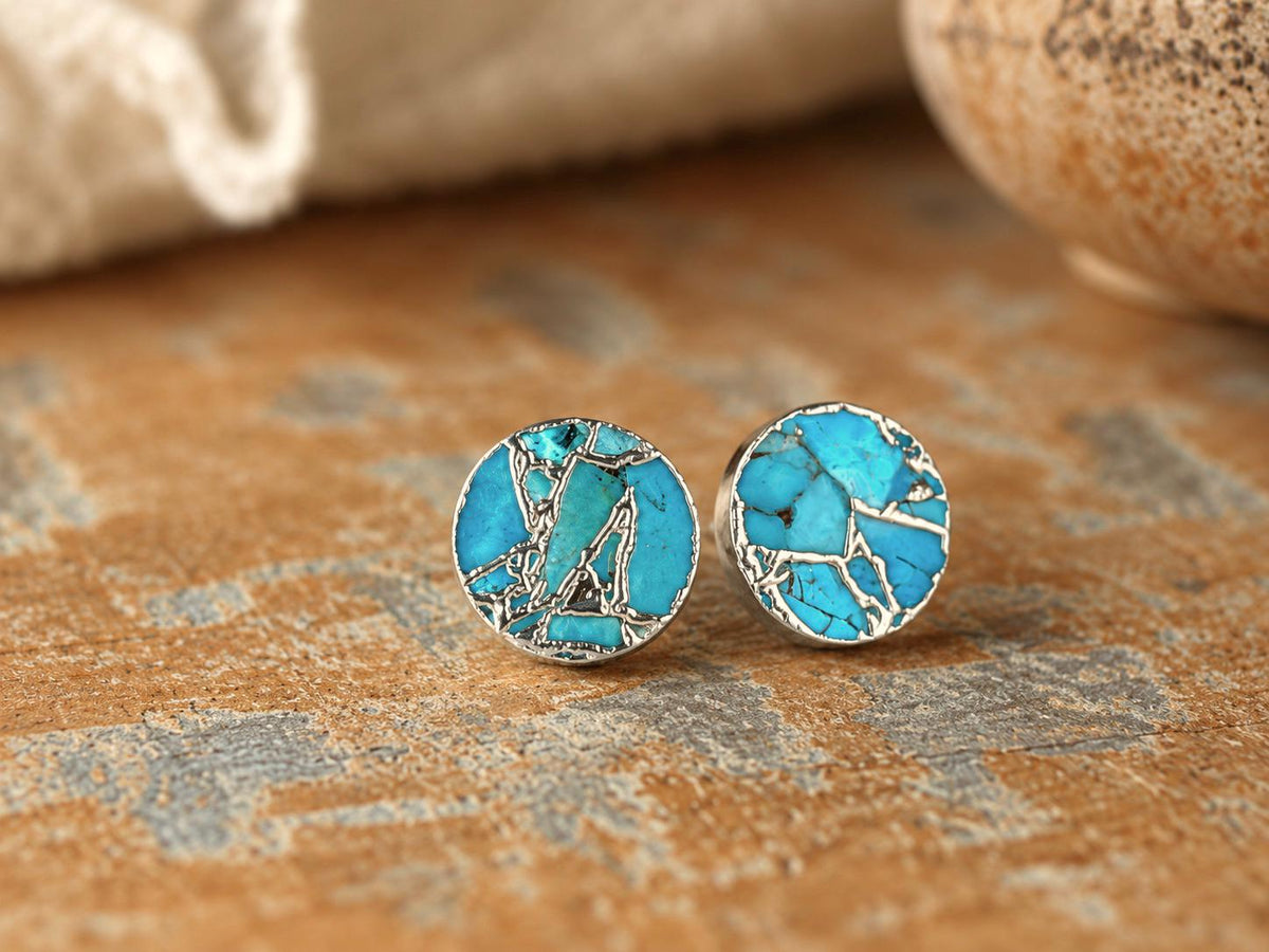 Silver Mojave Turquoise Stud Earrings, December Birthstone Gift, Kintsugi Gemstone Earrings