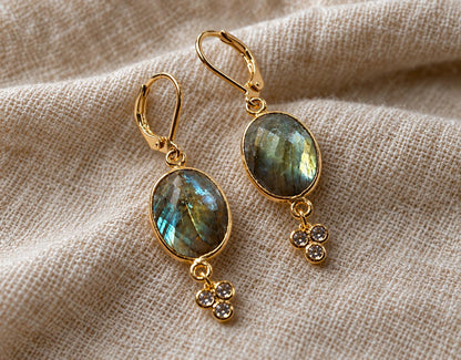 Labradorite Earrings Gold, Blue Flash Labradorite Dangle, Gemstone Drop Earrings