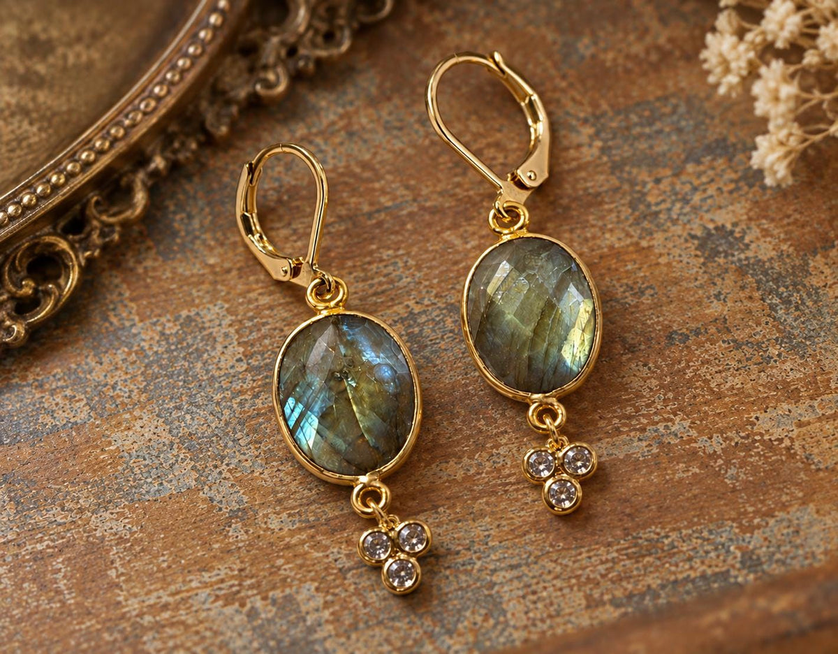 Labradorite Earrings Gold, Blue Flash Labradorite Dangle, Gemstone Drop Earrings