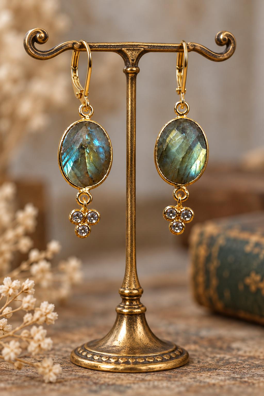 Labradorite Earrings Gold, Blue Flash Labradorite Dangle, Gemstone Drop Earrings