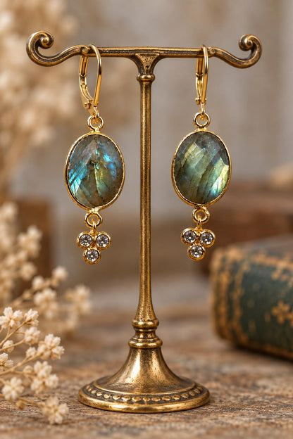 Labradorite Earrings Gold, Blue Flash Labradorite Dangle, Gemstone Drop Earrings