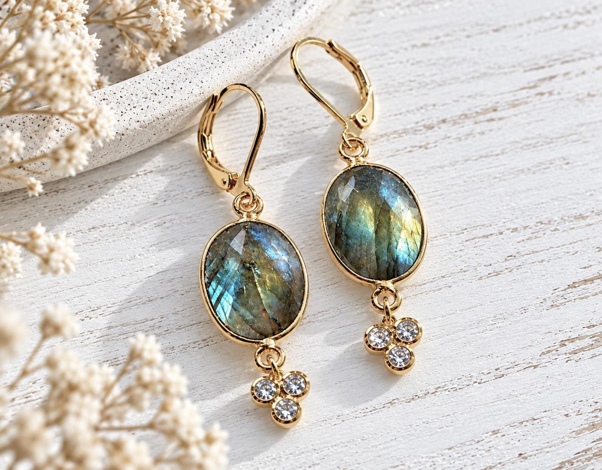 Labradorite Earrings Gold, Blue Flash Labradorite Dangle, Gemstone Drop Earrings
