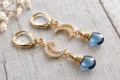 Genuine London Blue Topaz Dangle Earrings,  November Birthstone Jewelry, Blue Gemstone Earrings Gold, Crescent Moon Celestial Earrings