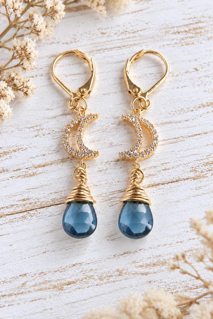 Genuine London Blue Topaz Dangle Earrings,  November Birthstone Jewelry, Blue Gemstone Earrings Gold, Crescent Moon Celestial Earrings