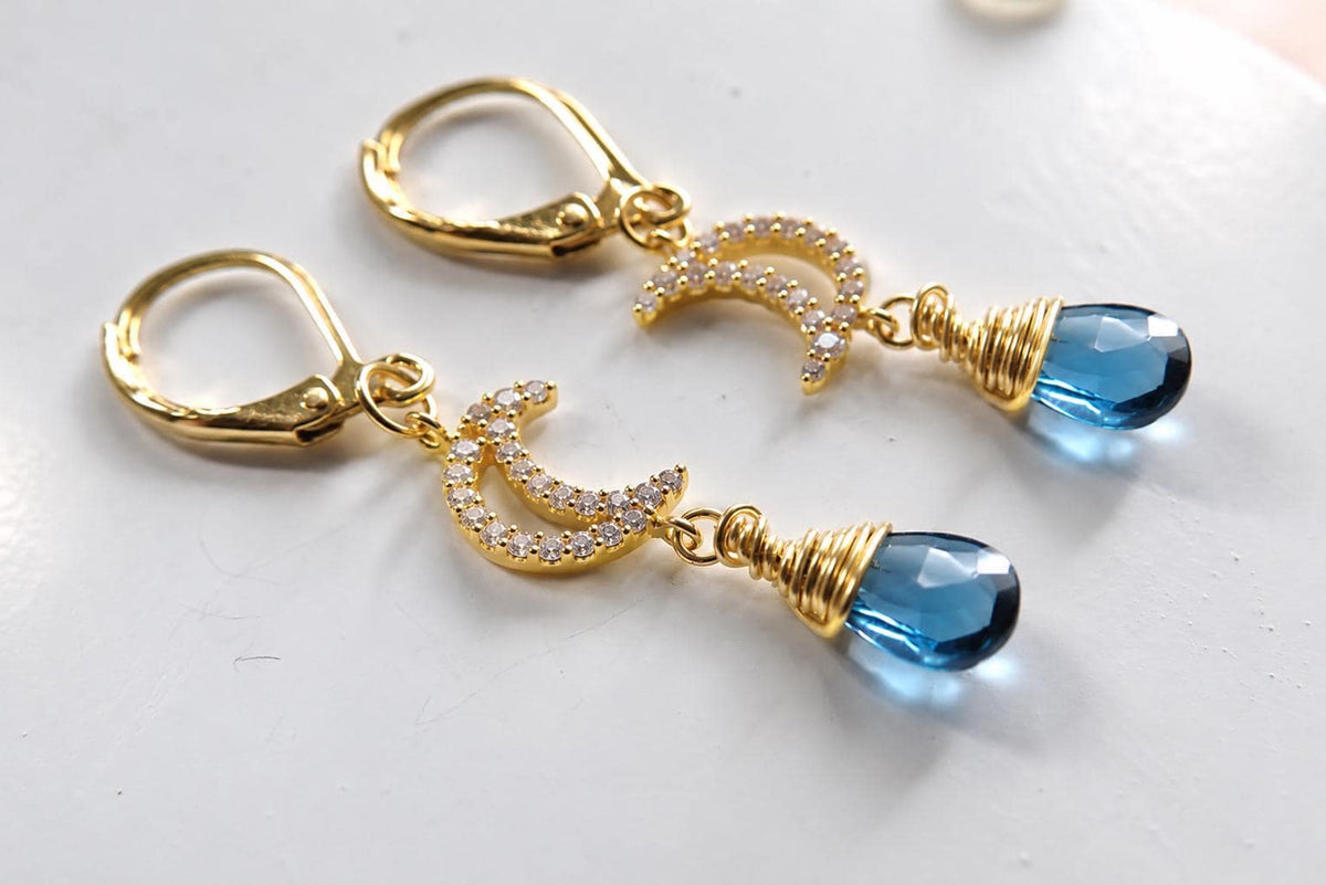 Genuine London Blue Topaz Dangle Earrings,  November Birthstone Jewelry, Blue Gemstone Earrings Gold, Crescent Moon Celestial Earrings