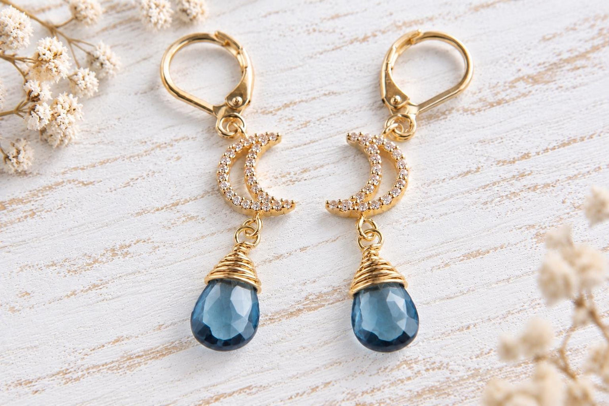 Genuine London Blue Topaz Dangle Earrings,  November Birthstone Jewelry, Blue Gemstone Earrings Gold, Crescent Moon Celestial Earrings