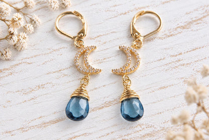 Genuine London Blue Topaz Dangle Earrings,  November Birthstone Jewelry, Blue Gemstone Earrings Gold, Crescent Moon Celestial Earrings