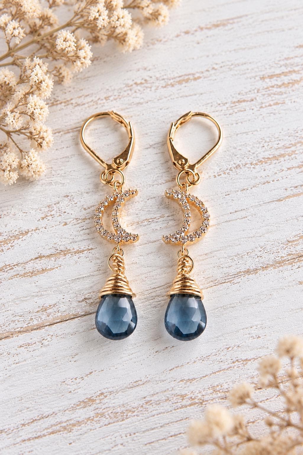 Genuine London Blue Topaz Dangle Earrings,  November Birthstone Jewelry, Blue Gemstone Earrings Gold, Crescent Moon Celestial Earrings