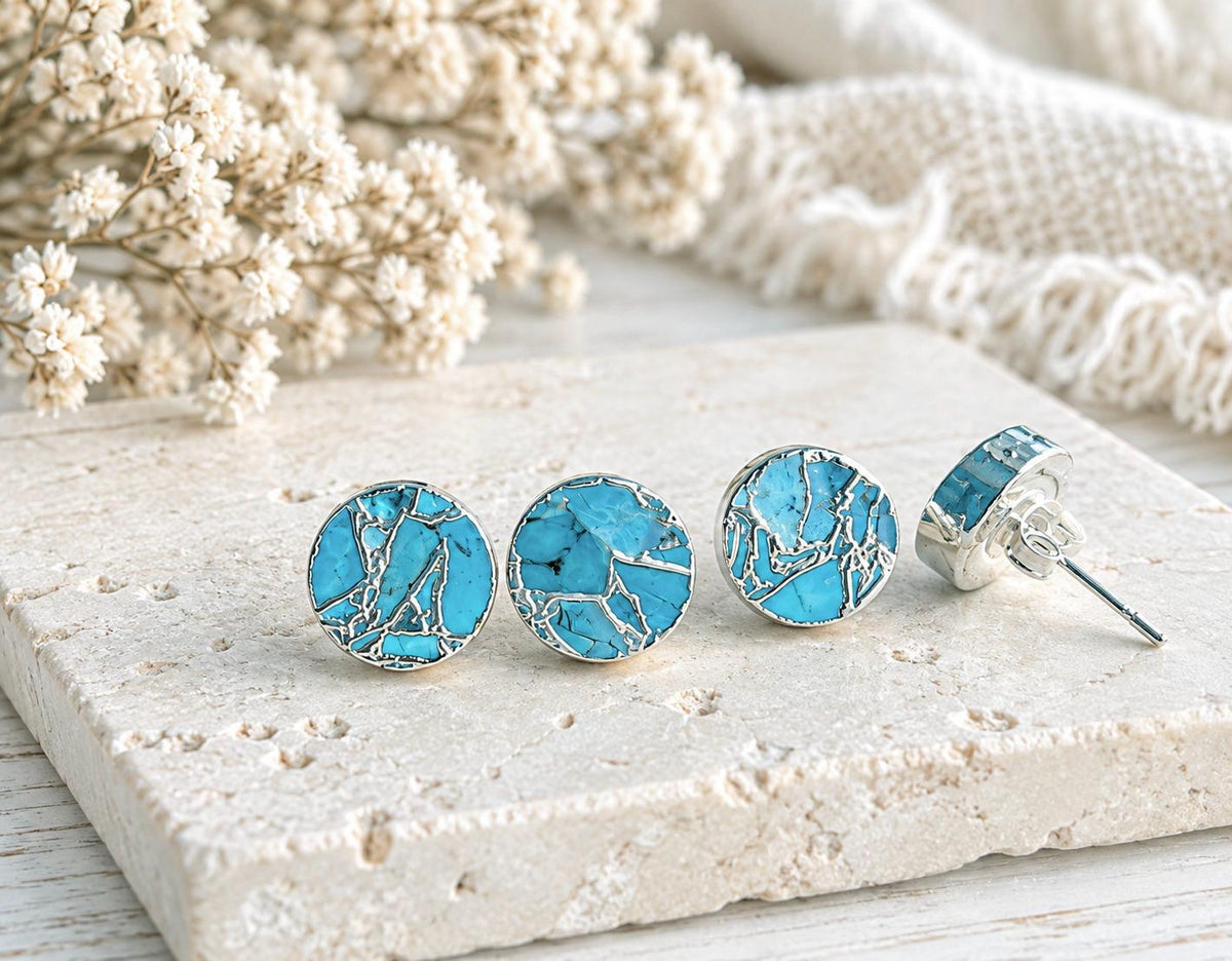 Silver Mojave Turquoise Stud Earrings, December Birthstone Gift, Kintsugi Gemstone Earrings