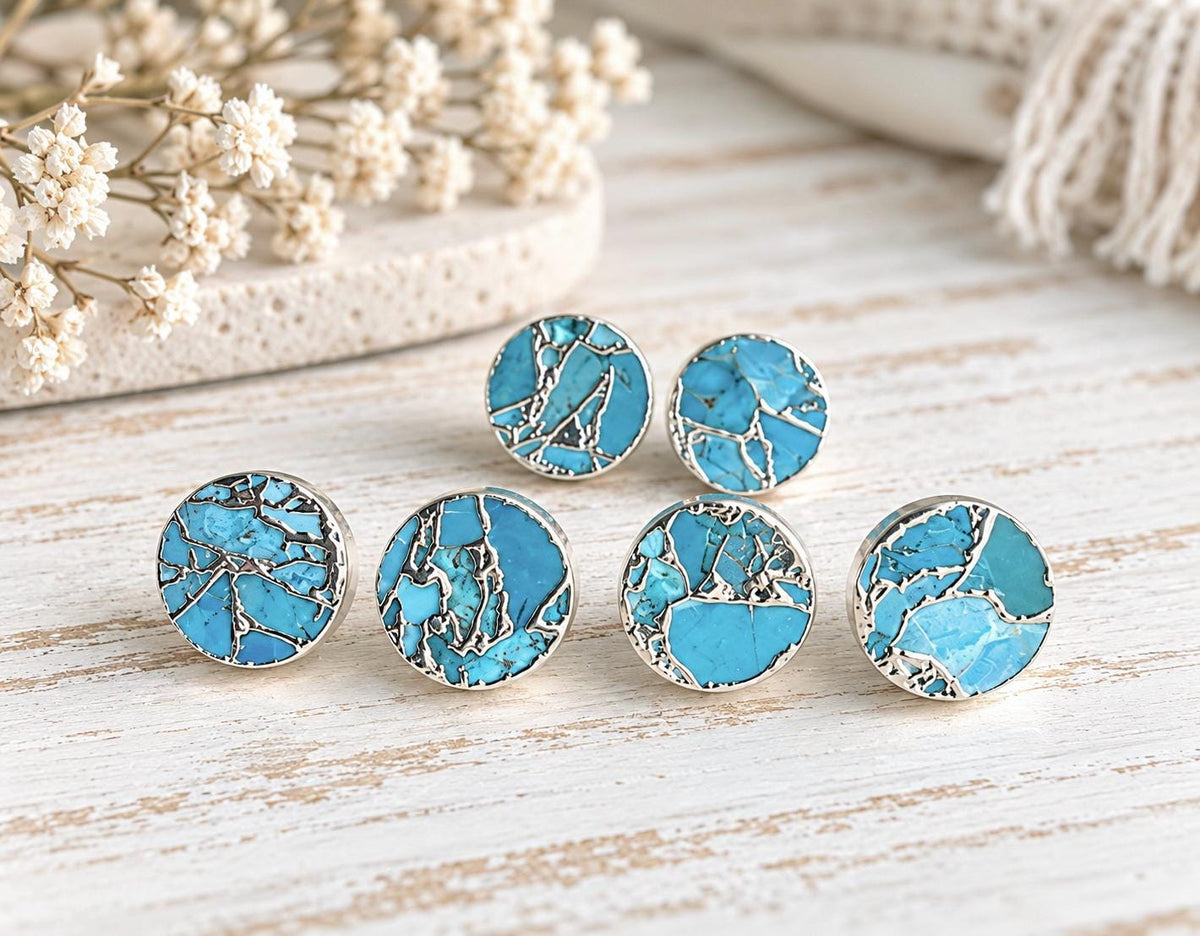 Silver Mojave Turquoise Stud Earrings, December Birthstone Gift, Kintsugi Gemstone Earrings