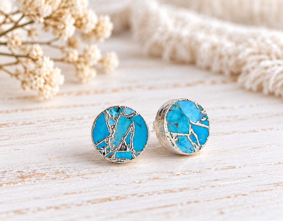 Silver Mojave Turquoise Stud Earrings, December Birthstone Gift, Kintsugi Gemstone Earrings