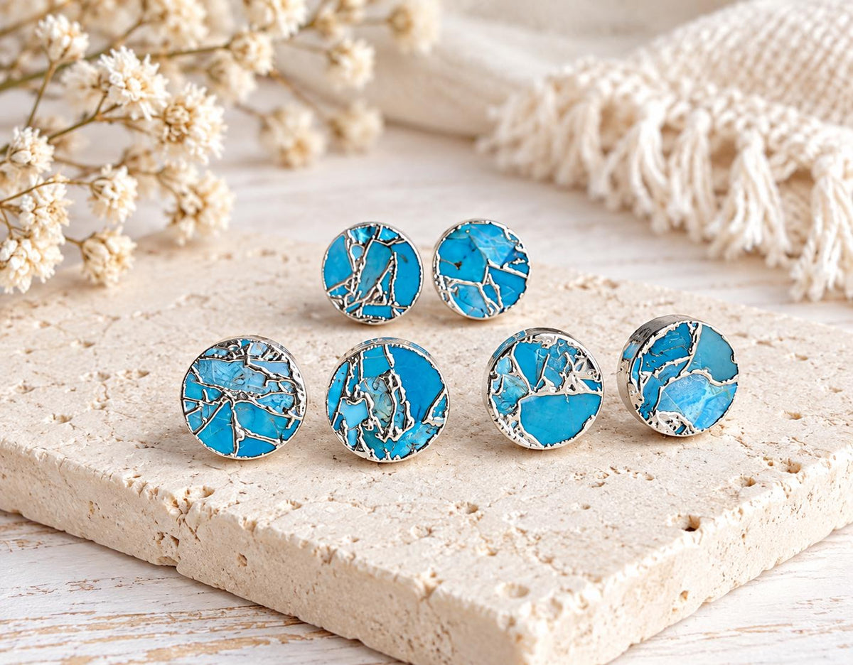 Silver Mojave Turquoise Stud Earrings, December Birthstone Gift, Kintsugi Gemstone Earrings