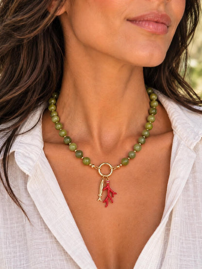 Green Jade Beaded Necklace, Natural Gemstone Beaded Choker, Personalized Charm Holder Necklace,