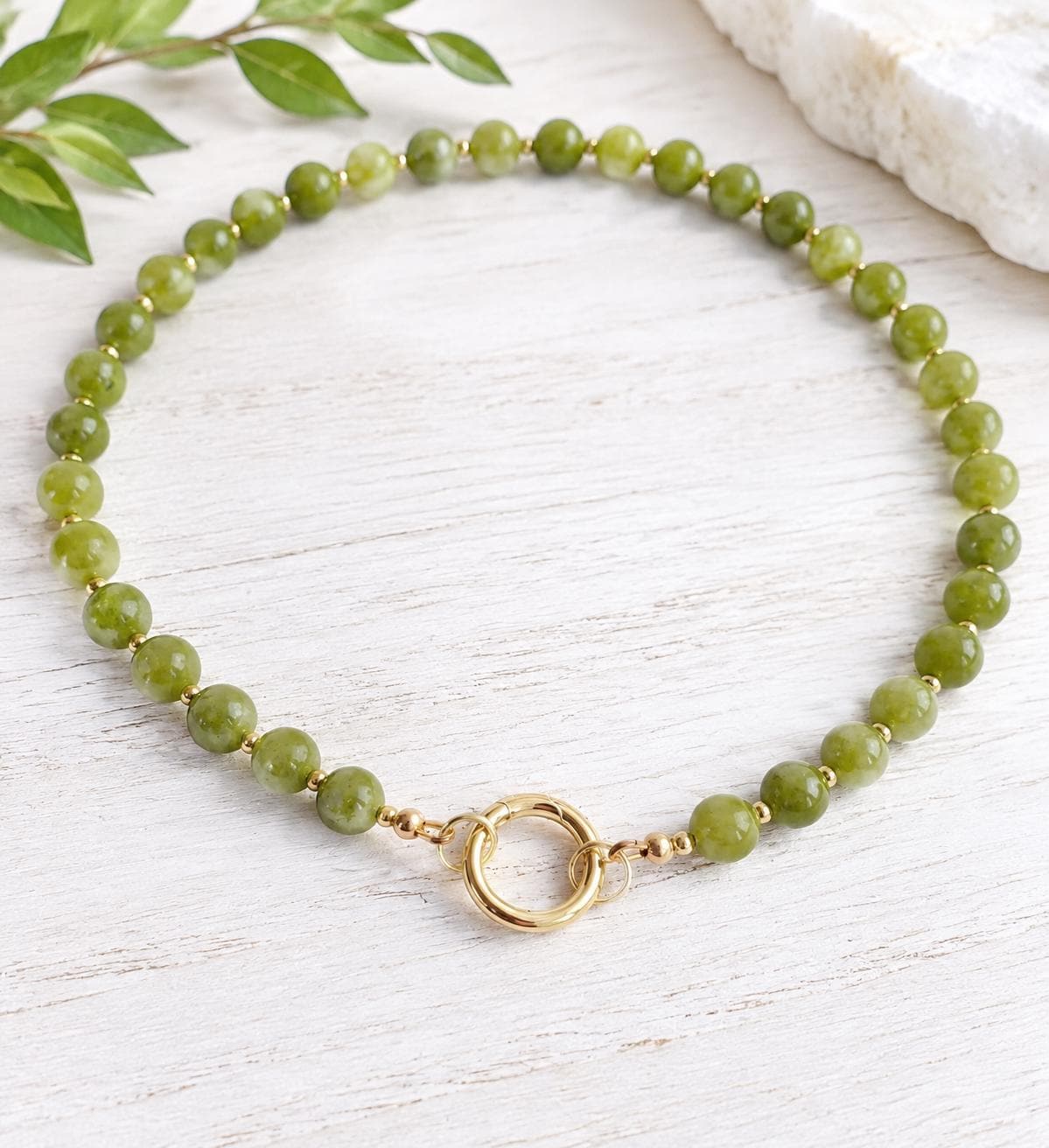 Green Jade Beaded Necklace, Natural Gemstone Beaded Choker, Personalized Charm Holder Necklace,