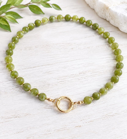 Green Jade Beaded Necklace, Natural Gemstone Beaded Choker, Personalized Charm Holder Necklace,