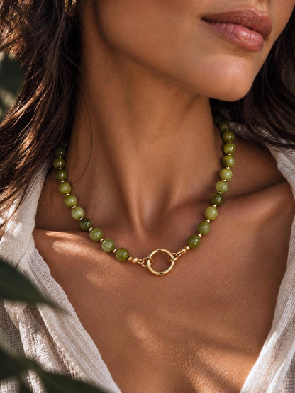 Green Jade Beaded Necklace, Natural Gemstone Beaded Choker, Personalized Charm Holder Necklace,