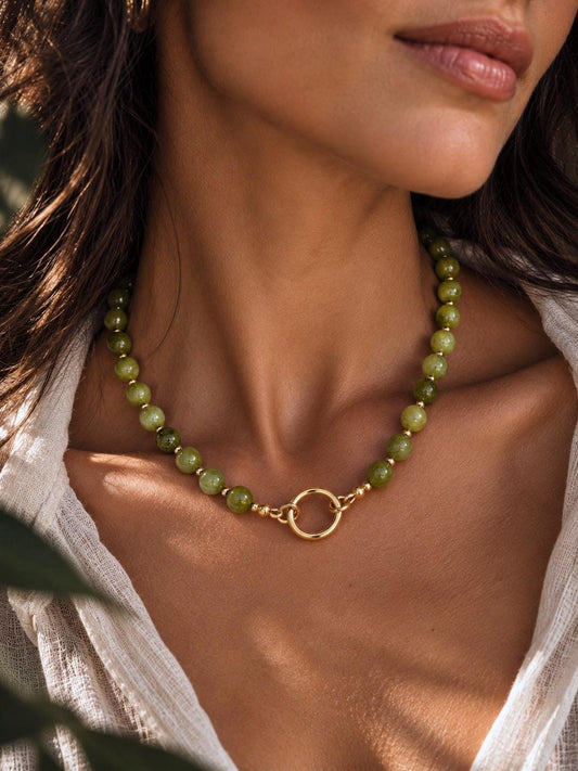Green Jade Beaded Necklace, Natural Gemstone Beaded Choker, Personalized Charm Holder Necklace,