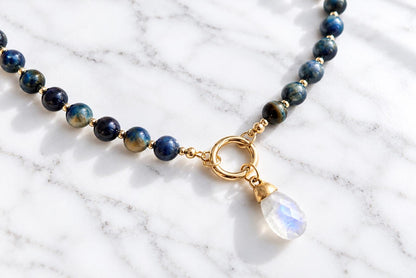 Blue Tiger Eye Beaded Necklace, Moonstone Pendant Necklace, June Birthstone Gift, Natural Stone Charm Holder, Statement Gemstone Choker
