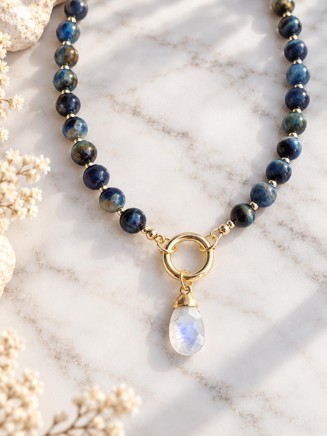 Blue Tiger Eye Beaded Necklace, Moonstone Pendant Necklace, June Birthstone Gift, Natural Stone Charm Holder, Statement Gemstone Choker
