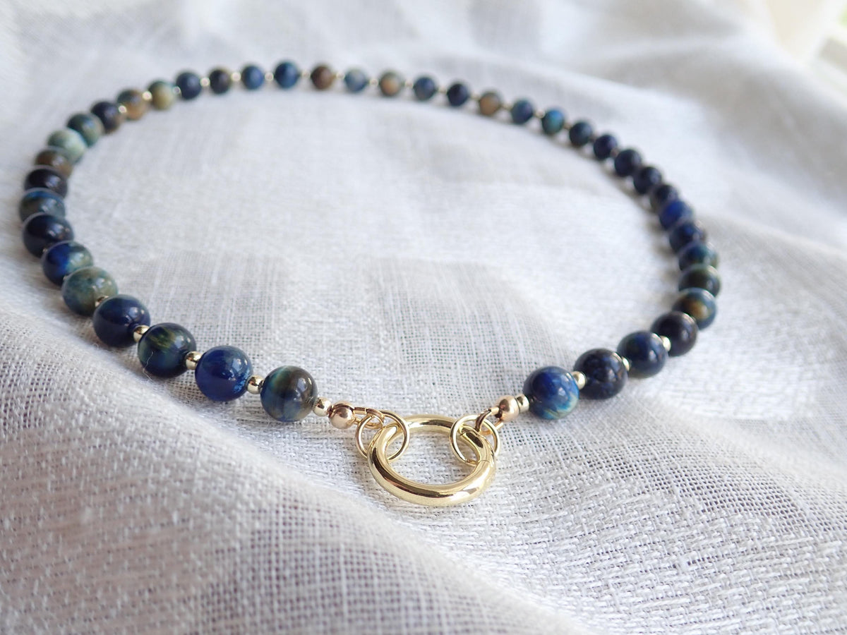 Blue Tiger Eye Beaded Necklace, Moonstone Pendant Necklace, June Birthstone Gift, Natural Stone Charm Holder, Statement Gemstone Choker