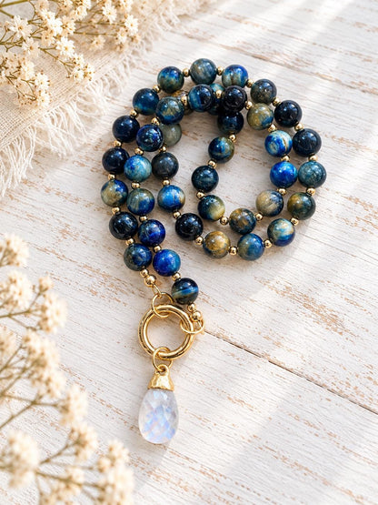 Blue Tiger Eye Beaded Necklace, Moonstone Pendant Necklace, June Birthstone Gift, Natural Stone Charm Holder, Statement Gemstone Choker