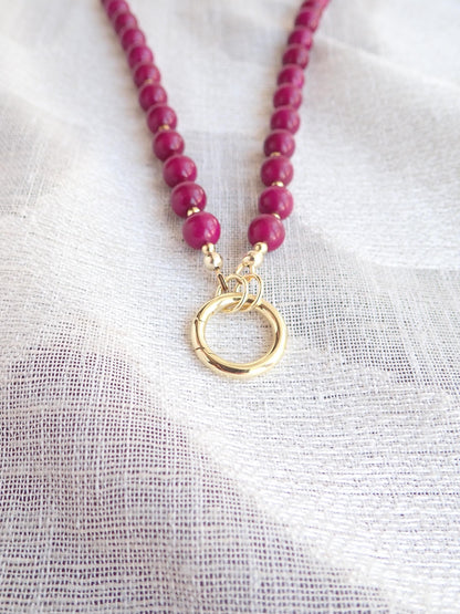 Berry Purple Jade Beaded Necklace, Freshwater Pearl Pendant, June Birthstone Gift, Gold Gemstone Charm Holder