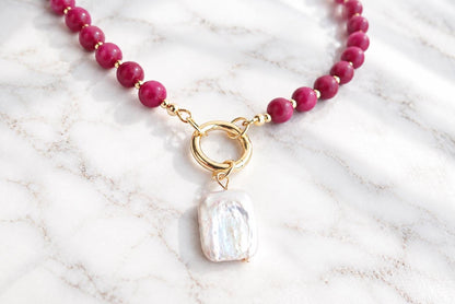 Berry Purple Jade Beaded Necklace, Freshwater Pearl Pendant, June Birthstone Gift, Gold Gemstone Charm Holder