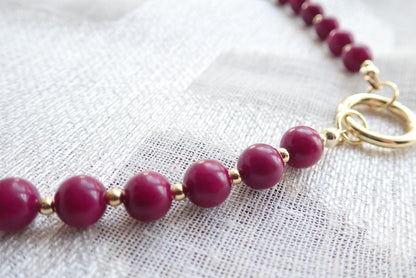 Berry Purple Jade Beaded Necklace, Freshwater Pearl Pendant, June Birthstone Gift, Gold Gemstone Charm Holder