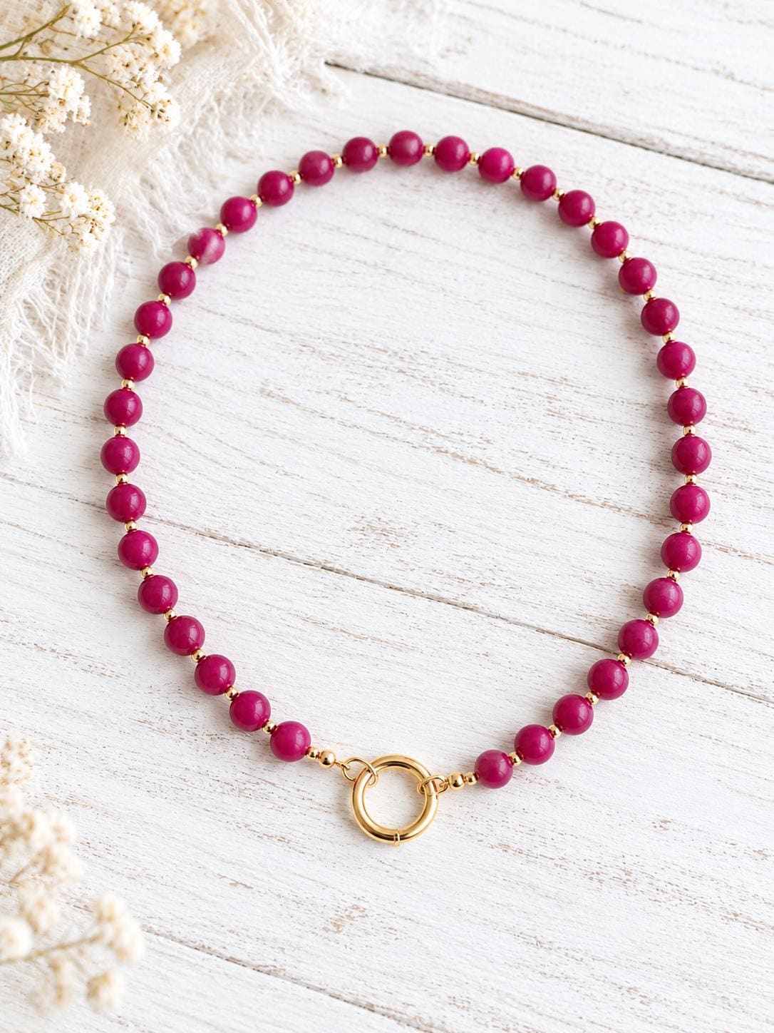 Berry Purple Jade Beaded Necklace, Freshwater Pearl Pendant, June Birthstone Gift, Gold Gemstone Charm Holder