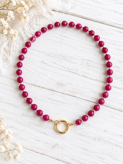 Berry Purple Jade Beaded Necklace, Freshwater Pearl Pendant, June Birthstone Gift, Gold Gemstone Charm Holder