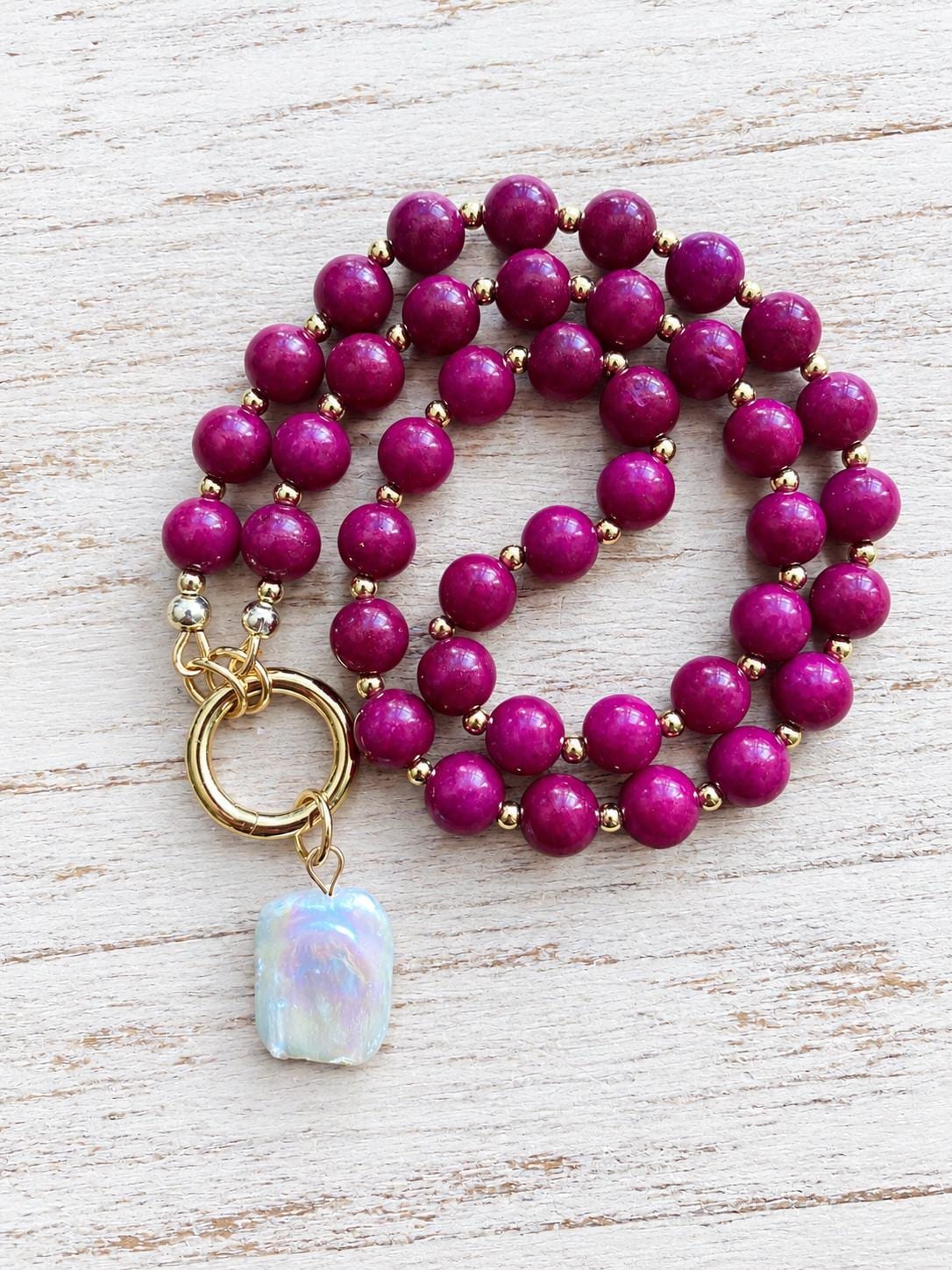 Berry Purple Jade Beaded Necklace, Freshwater Pearl Pendant, June Birthstone Gift, Gold Gemstone Charm Holder
