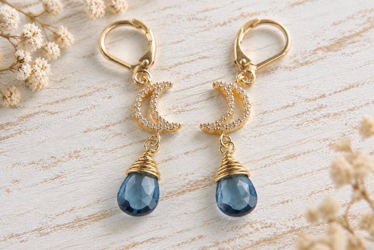 Genuine London Blue Topaz Dangle Earrings,  November Birthstone Jewelry, Blue Gemstone Earrings Gold, Crescent Moon Celestial Earrings