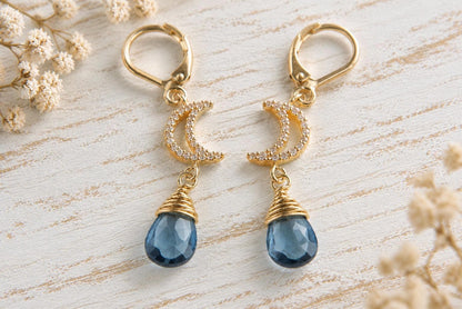 Genuine London Blue Topaz Dangle Earrings,  November Birthstone Jewelry, Blue Gemstone Earrings Gold, Crescent Moon Celestial Earrings