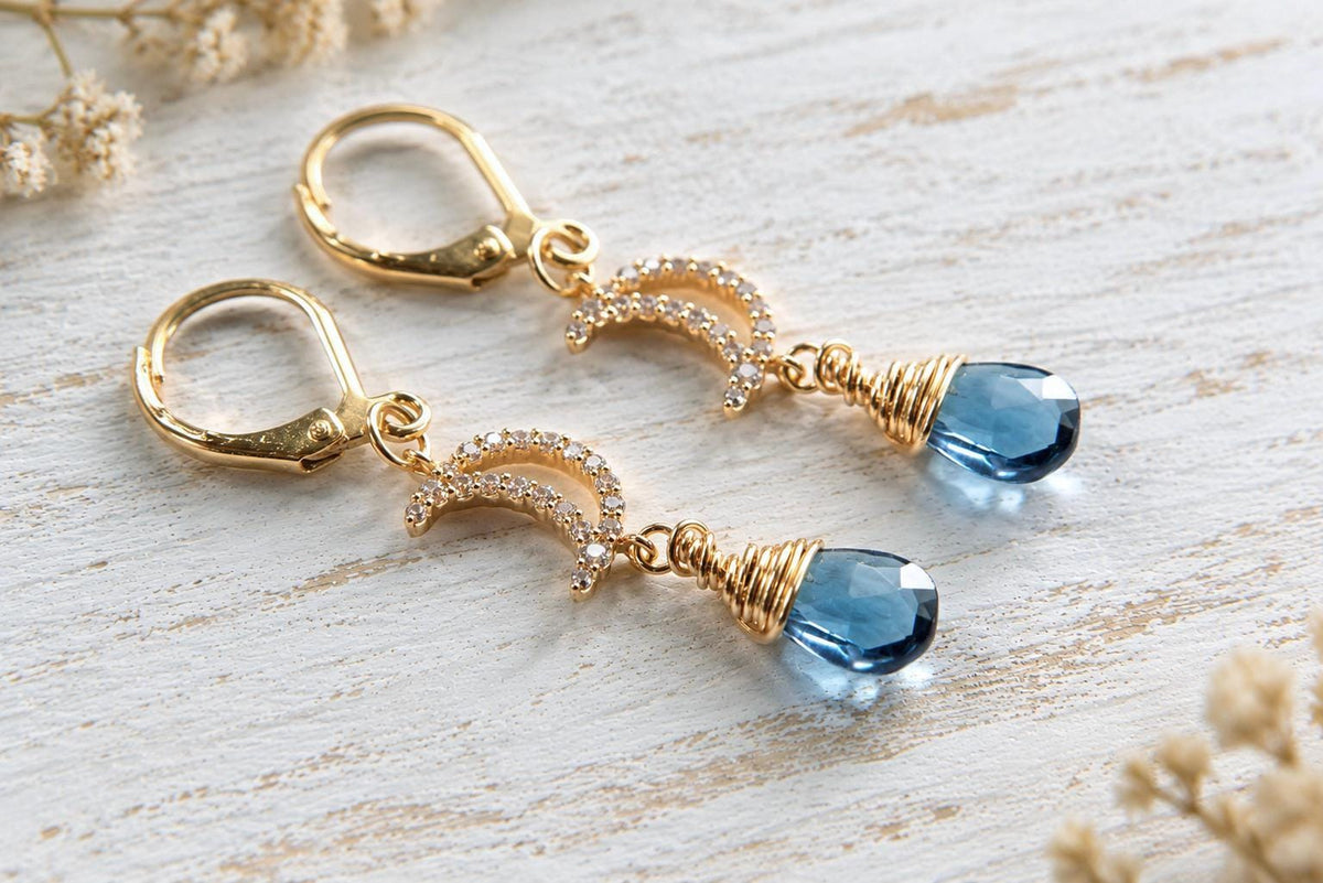 Genuine London Blue Topaz Dangle Earrings,  November Birthstone Jewelry, Blue Gemstone Earrings Gold, Crescent Moon Celestial Earrings