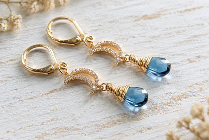 Genuine London Blue Topaz Dangle Earrings,  November Birthstone Jewelry, Blue Gemstone Earrings Gold, Crescent Moon Celestial Earrings