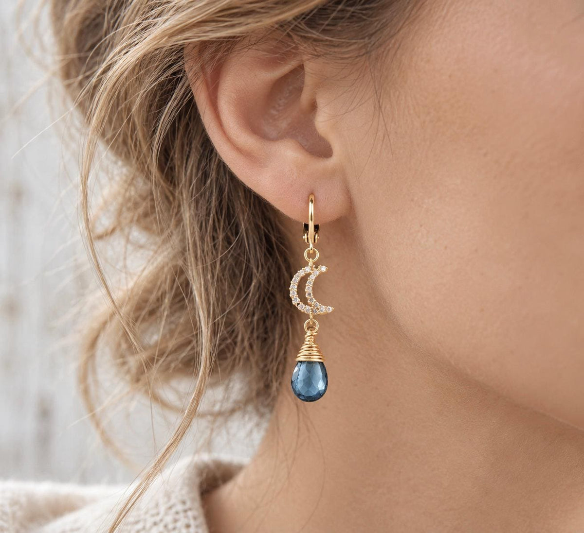 Genuine London Blue Topaz Dangle Earrings,  November Birthstone Jewelry, Blue Gemstone Earrings Gold, Crescent Moon Celestial Earrings