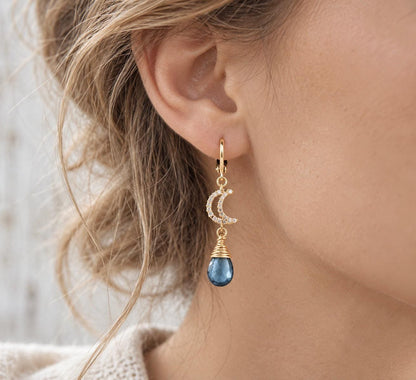 Genuine London Blue Topaz Dangle Earrings,  November Birthstone Jewelry, Blue Gemstone Earrings Gold, Crescent Moon Celestial Earrings