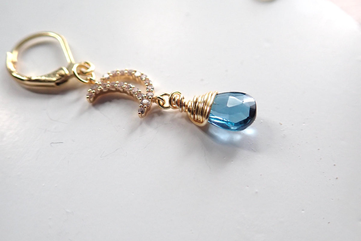 Genuine London Blue Topaz Dangle Earrings,  November Birthstone Jewelry, Blue Gemstone Earrings Gold, Crescent Moon Celestial Earrings