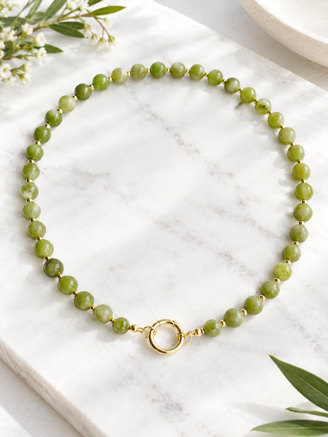 Green Jade Beaded Necklace, Natural Gemstone Beaded Choker, Personalized Charm Holder Necklace,