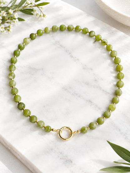Green Jade Beaded Necklace, Natural Gemstone Beaded Choker, Personalized Charm Holder Necklace,