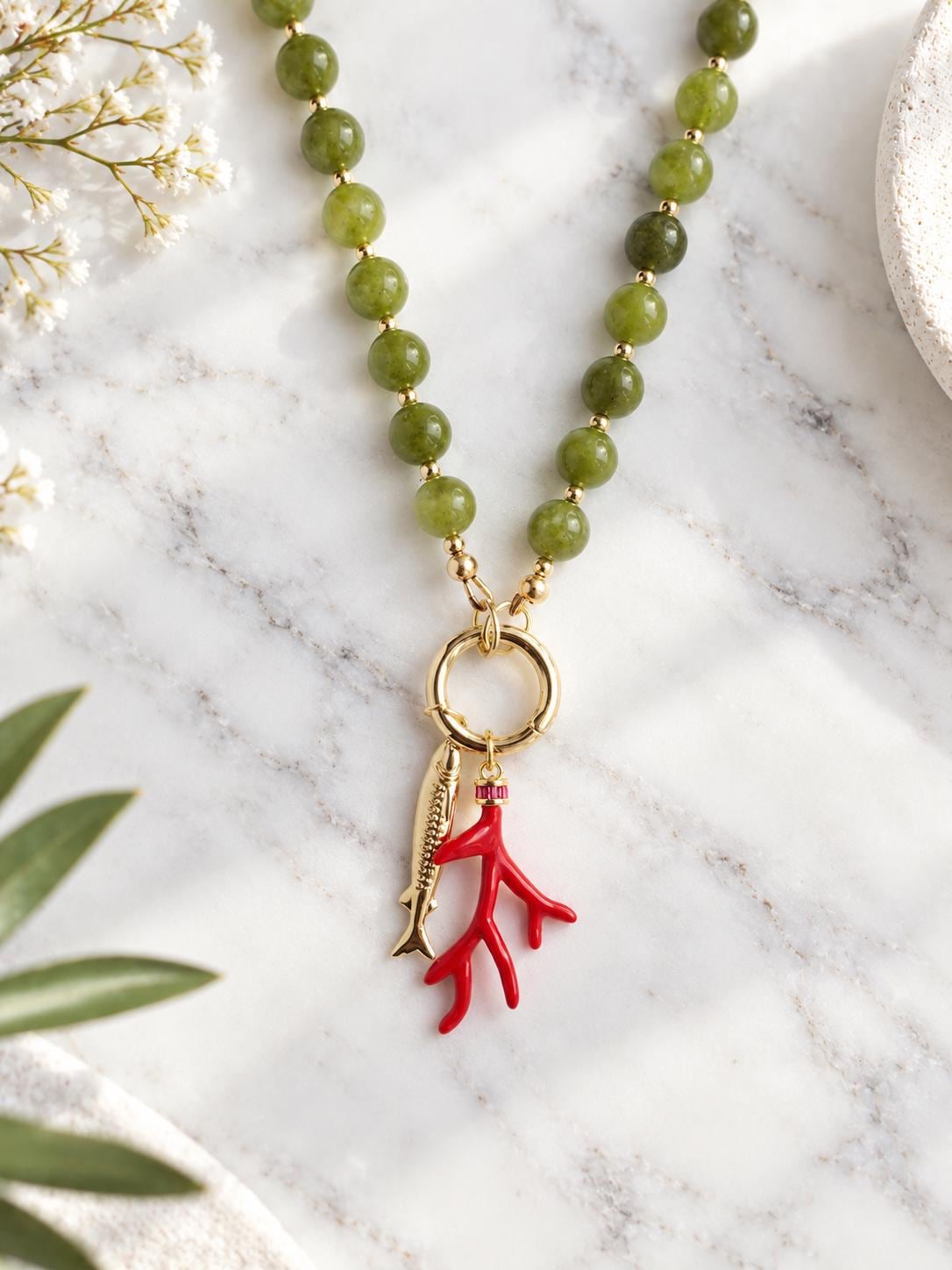 Green Jade Beaded Necklace, Natural Gemstone Beaded Choker, Personalized Charm Holder Necklace,