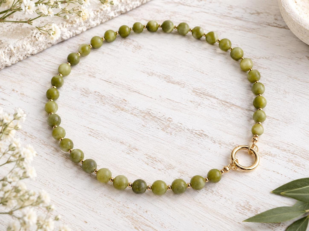 Green Jade Beaded Necklace, Natural Gemstone Beaded Choker, Personalized Charm Holder Necklace,