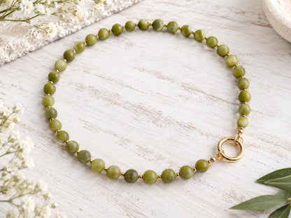 Green Jade Beaded Necklace, Natural Gemstone Beaded Choker, Personalized Charm Holder Necklace,
